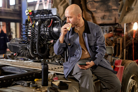 Mechanic taking a break while sitting on a vehicle with engine components visible behind. Eating a snack and holding a smartphone, surrounded by auto tools and equipment in workshopの写真素材