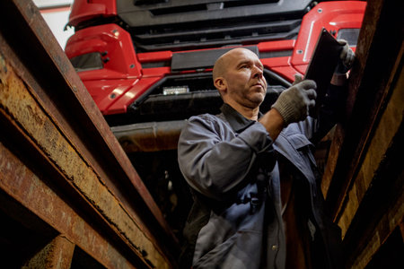 Mechanic analyzing vehicle condition inside industrial garage with focused expression. Wearing...