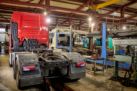 Large industrial garage housing multiple trucks receiving maintenance and repair. Well-equipped facility with various vehicle servicing equipment creating bustling atmosphereの写真素材