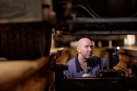 Mechanic intensely examining the underside of a vehicle inside a dimly lit garage holding a flashlight. Focused and methodical approach being evidentの写真素材