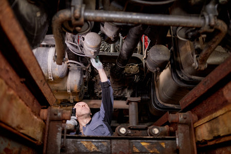 Mechanic inspecting truck undercarriage in a workshop setting, maintaining and repairing mechanical components, showing detailed work environment and machineryの写真素材