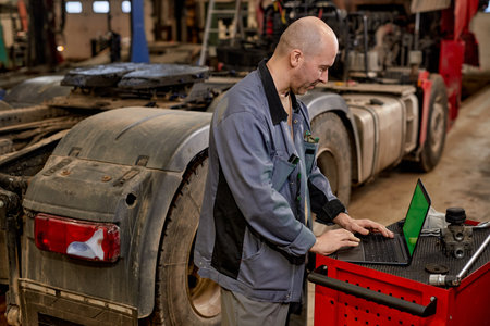 Mechanic engaging with laptop in busy automotive workshop, surrounded by heavy-duty equipment,...