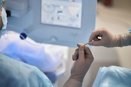 Middle aged surgeon receiving surgical instrument from assistant during operation in modern operating room, both wearing sterile gloves and gowns, medical equipment visibleの写真素材