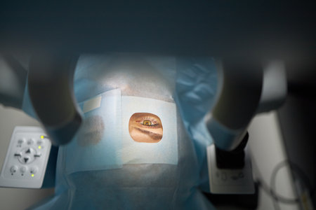 Middle aged woman lying on operating table undergoing eye surgery with medical drape covering face except for exposed eye, surgical equipment and controls visible in foregroundの写真素材