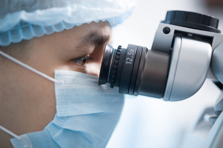 Asian young adult man wearing surgical mask and cap closely examining through operating microscope during medical procedure in modern operating room, focusing on precision workの写真素材