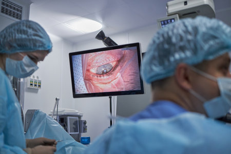 Doctors wearing surgical masks and scrubs performing eye surgery in operating room with close up of...