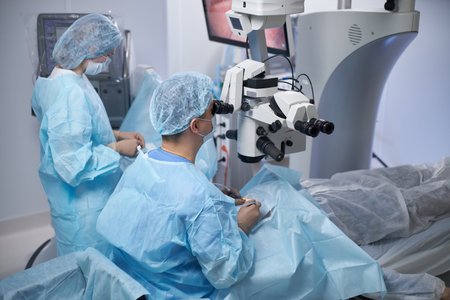 Middle aged man performing surgery using operating microscope while woman assisting in modern...