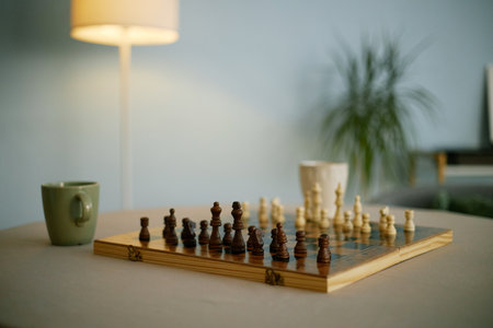 Chess game setup on wooden board placed on table with a ceramic mug next to it, giving a warm and...