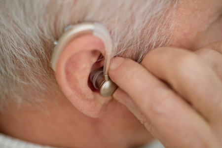 Close-up of senior adjusting hearing aid, emphasizing ear and device, showing delicate fingers interacting with technology designed for elderly persons hearing assistanceの写真素材