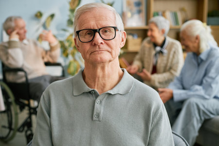 Portrait of elderly man wearing glasses and a gray shirt while seated in senior center, with other elderly individuals engaged in social activities in backgroundの写真素材