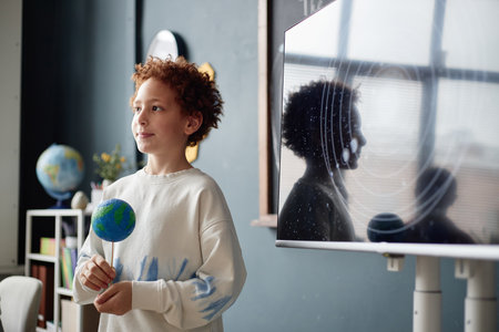 Caucasian child boy holding model of Earth standing in classroom near large screen displaying solar...
