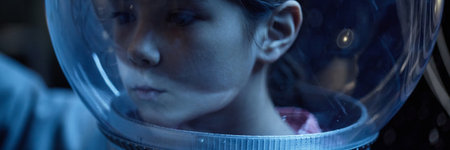 Website header shot of Asian girl child wearing transparent astronaut helmet, gazing thoughtfully...