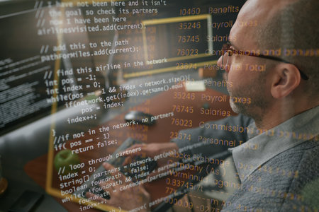 Caucasian middle aged man wearing glasses working on computer with programming code and financial...