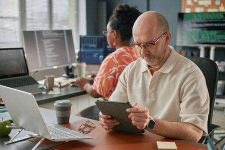Middle aged Caucasian man using digital tablet at desk while Black woman working on computer in background, both focused on technology tasks in modern office workspaceの写真素材