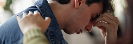 Caucasian teenage boy sitting with head in hand receiving comforting gesture from another during counseling session focusing on emotional support and mental healthの写真素材
