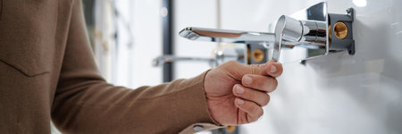 Header of man testing chrome faucet handle in showroom, hand gripping lever while inspecting plumbing fixture, partial body visible, modern bathroom settingの写真素材