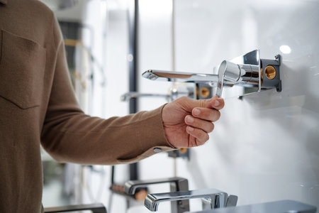 Man adjusting modern chrome faucet handle in showroom, hand gripping lever while inspecting plumbing fixture, partial body visible, focus on actionの写真素材
