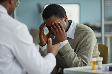 Young adult Black man sitting at desk holding head in hands, while listening to male doctor explaining medical information during consultation in clinical office settingの写真素材