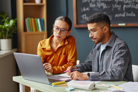 Young adult Caucasian woman and young adult Black man studying together at desk using laptop and...