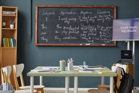 Empty classroom with table and chairs arranged for group learning, blackboard displaying English...
