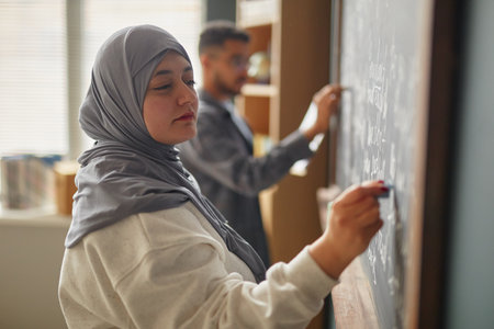 Young adult Middle Eastern woman wearing hijab writing on chalkboard in language school classroom,...