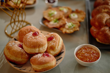 Traditional Hanukkah foods including plate of jelly-filled sufganiyot doughnuts dusted with powdered...