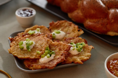 Closeup showing plate of traditional Hanukkah potato latkes topped with sour cream and chopped green...