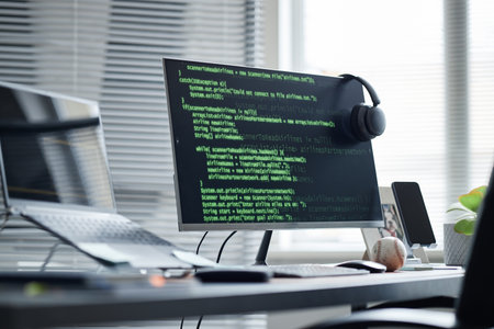 Modern office workspace featuring desktop monitor displaying programming code, wireless headphones...