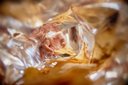 Caucasian young adult woman hand reaching into open bag of chips grabbing tortilla chip, close up view from inside packaging showing snack food and human interaction with productの写真素材