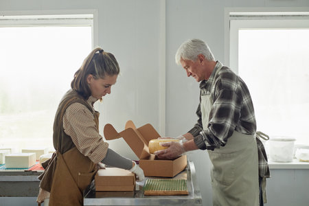 Young adult Caucasian woman and senior Caucasian man packing round cheese into cardboard boxes on...