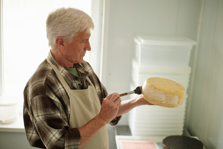 Senior Caucasian man holding round cheese wheel, applying coating with brush in dairy processing room, standing near window with plastic storage containers in background, focused on taskの写真素材