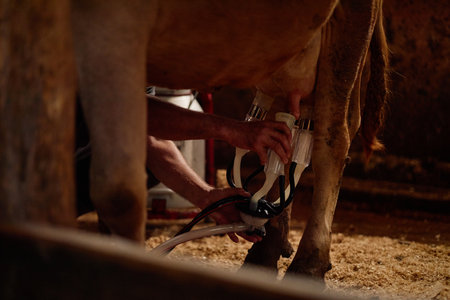 Middle aged Caucasian man operating milking machine on dairy cow in barn, using both hands to attach equipment to udder, focusing on efficient milk extraction processの写真素材