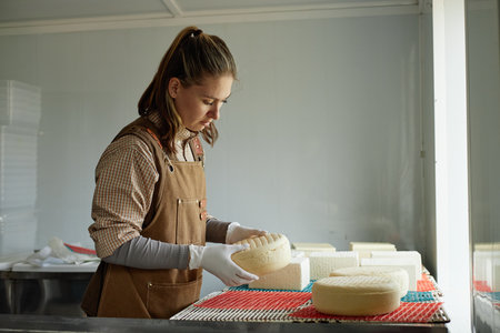 Caucasian young adult woman inspecting round cheese wheel with gloved hands in dairy production...
