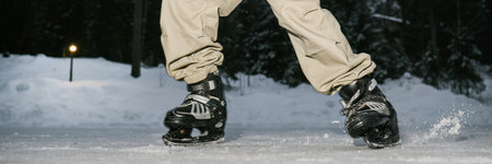 Header of kid skating outdoors on ice rink at night, wearing ice skates and beige pants, lower body visible, snow and trees in background, dynamic movement capturedの写真素材