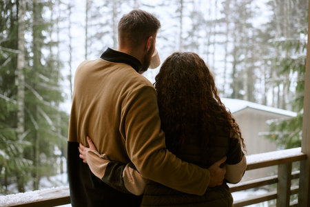 Young adult man and young adult woman standing on balcony embracing each other, looking at snowy forest landscape, enjoying winter scenery togetherの写真素材