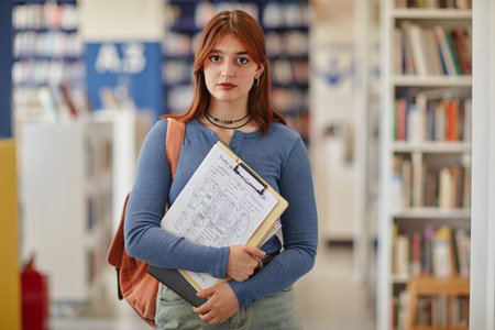 Portrait of girl standing in library holding textbooks and folders, wearing backpack, looking directly at camera with serious expression, bookshelves in backgroundの写真素材
