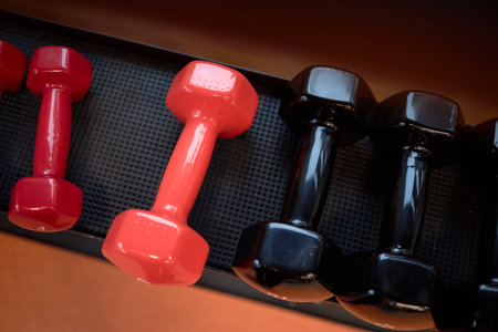 Set of colorful dumbbells arranged on rack, showing close up of fitness equipment used for strength training and exercise routines in gym or home workout environmentの写真素材