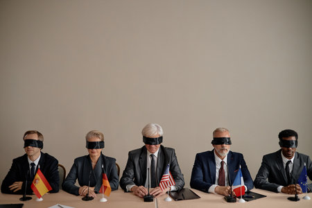 Five middle aged government officials including Caucasian men, Caucasian woman and Black man sitting at conference table wearing blindfolds, holding microphonesの写真素材
