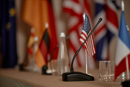 Conference table displaying national flags including United States, Germany, France, United Kingdom, Spain, European Union with microphones and empty glasses arranged for international meetingの写真素材