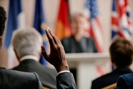 Man raising hand during international conference, sitting among middle aged and senior men and...