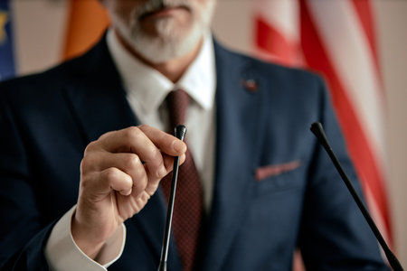 Middle aged Caucasian man adjusting microphone while standing at podium, wearing suit and tie, partial face visible, preparing for public speech with flags in backgroundの写真素材