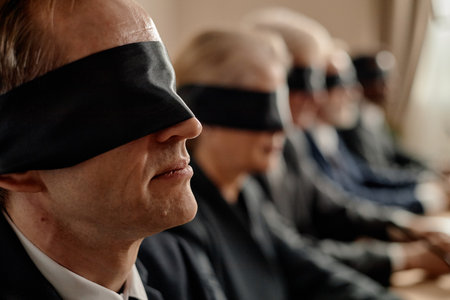 Row of middle aged and senior Caucasian and Black men and women sitting side by side wearing blindfolds, participating in group activity or training session indoorsの写真素材