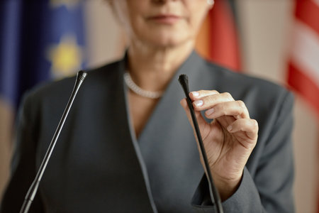Middle aged Caucasian woman adjusting microphone at podium, standing in front of European Union and national flags, preparing for public speech or official announcementの写真素材