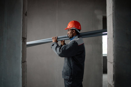 Man wearing hard hat carrying metal pipes on shoulder walking through unfinished building interior construction site, middle aged worker performing manual labor taskの写真素材