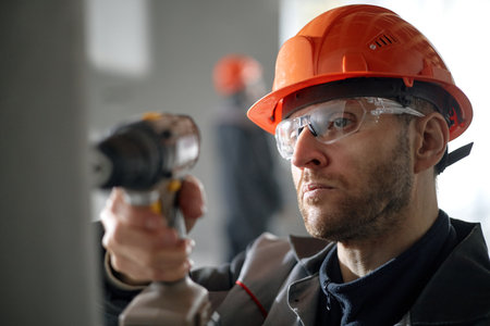 Caucasian young adult man wearing safety helmet and protective glasses operating power drill at construction site, focusing on precise drilling task with blurred worker in backgroundの写真素材
