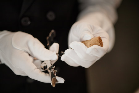 Caucasian middle aged man wearing gloves holding corkscrew and wine cork preparing for wine tasting event, hands visible performing professional wine testing procedureの写真素材