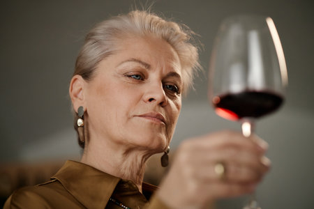 Senior Caucasian woman examining glass of red wine, holding stemware up to light, focusing intently on color and clarity, participating in wine tasting processの写真素材