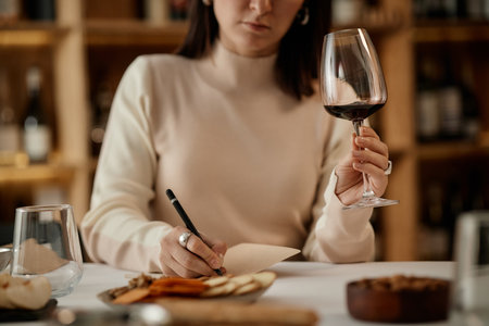Young adult Caucasian woman holding wine glass and writing tasting notes at table with snacks, focusing on evaluating wine during tasting session, background showing wine shelvesの写真素材