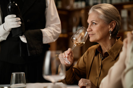 Senior Caucasian woman holding wine glass, smelling wine during tasting session, sitting at table with glassware, waiter in uniform presenting wine bottle, engaging in wine evaluationの写真素材