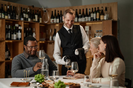 Middle aged man in vest pouring wine for diverse group including man, senior woman, young adult woman tasting wine at table in wine cellarの写真素材